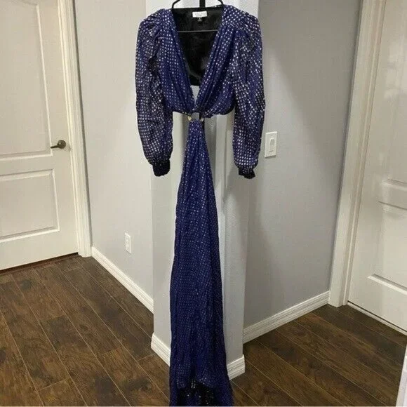 DELFI Collective Cerise Gown Size Small $648 Blue Polka Dot Metallic Gold - Picture 2 of 8